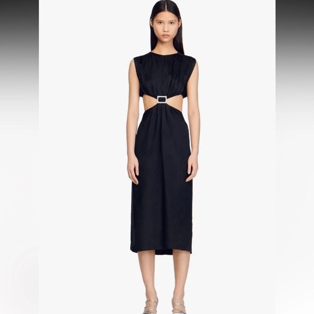 Sandro Black Cut-Out Midi Dress with diamond buckle